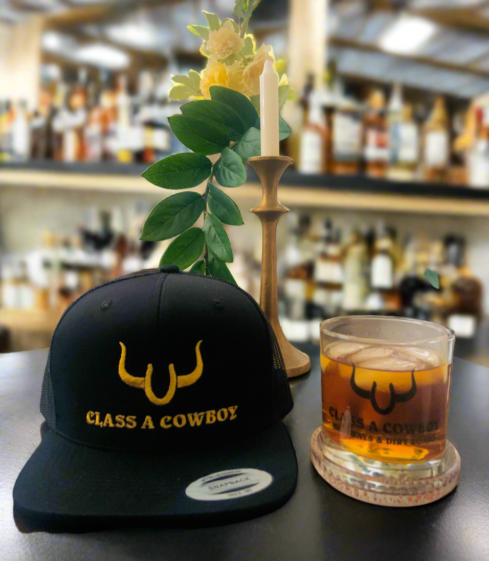 For the Master Trucker in your life,black & Gold Trucker Hat + 11oz whiskey glass.