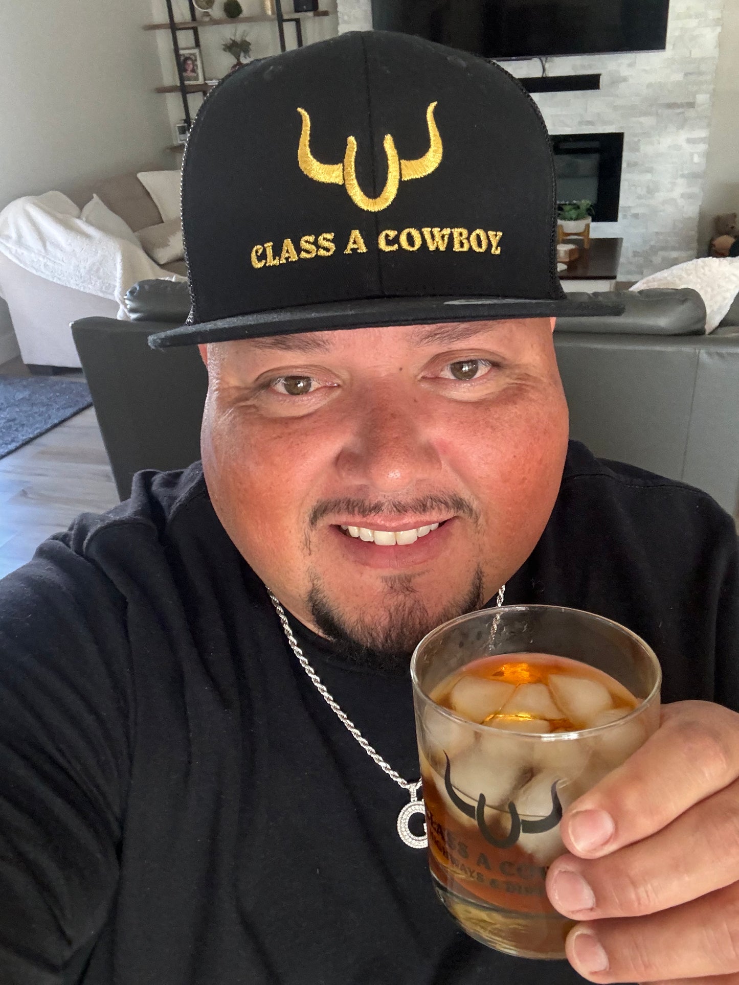 For the Master Trucker in your life,black & Gold Trucker Hat + 11oz whiskey glass.