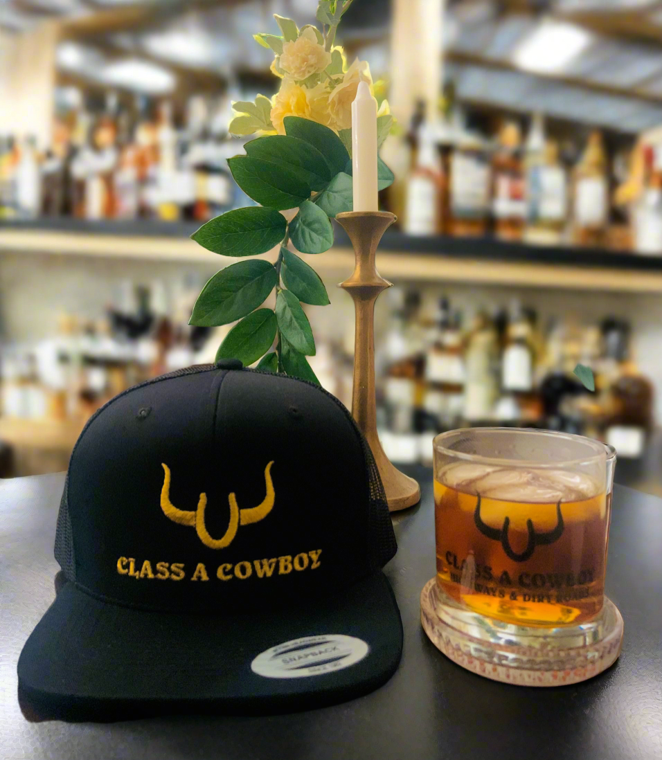 For the Master Trucker in your life,black & Gold  Trucker Hat + 11oz whiskey glass.