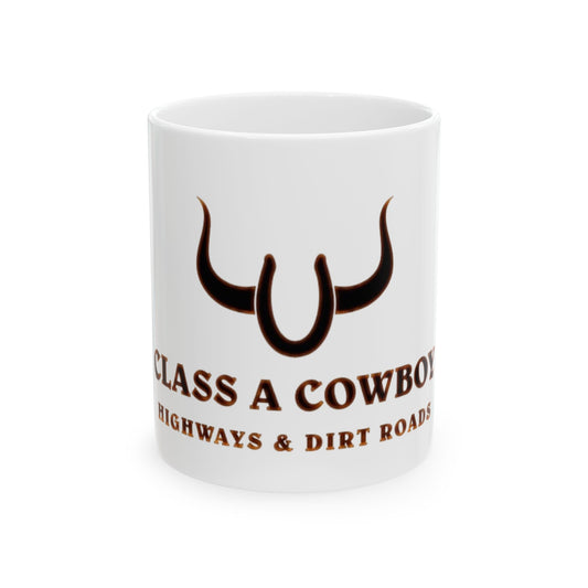 Class A Cowboy Ceramic Mug — Horseshoe with Horns Design (11oz, 15oz)